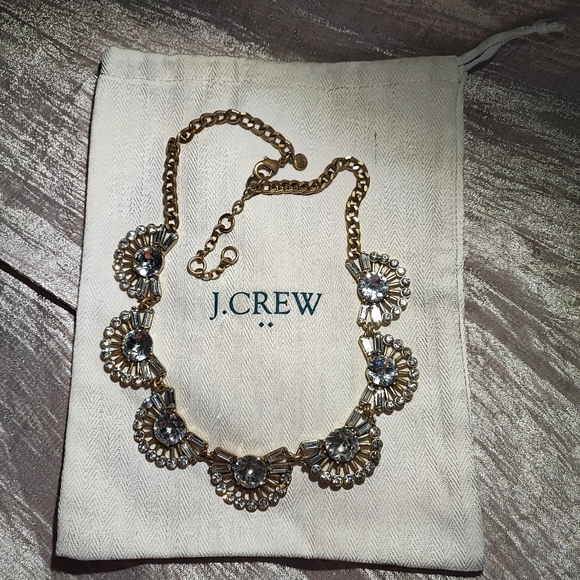 J. Crew Fan Baguette Crystal Clear Rhinestone Brass Tone Statement Necklace EUC - Picture 9 of 10
